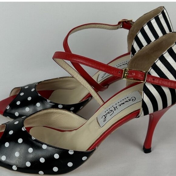 Comme il Faut Argentine Tango Heels Sz 38 US 8 Red Black White Polka Dots Stripe - Picture 3 of 8